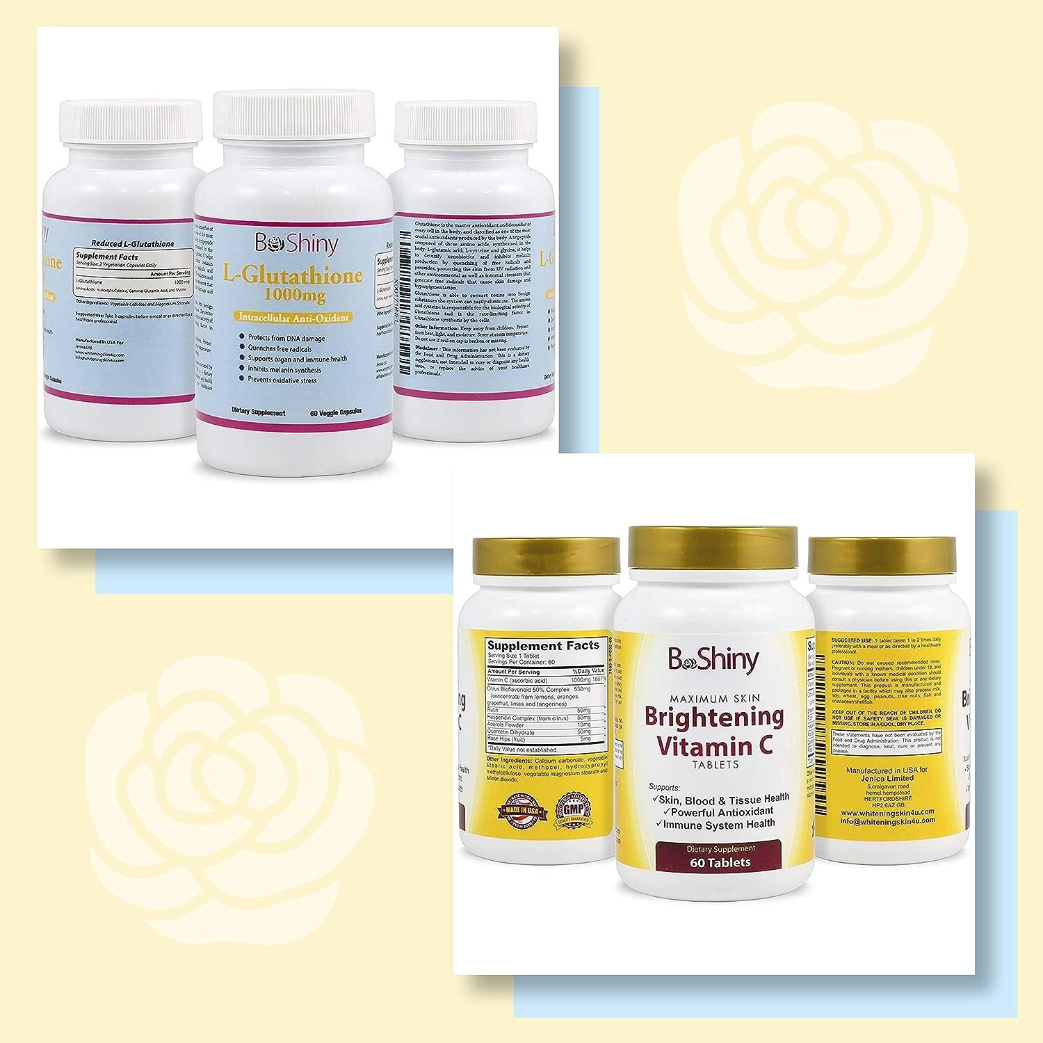BeShiny Glutathione and Vitamin C 1000mg Skin Whitening Brightening Pills Set