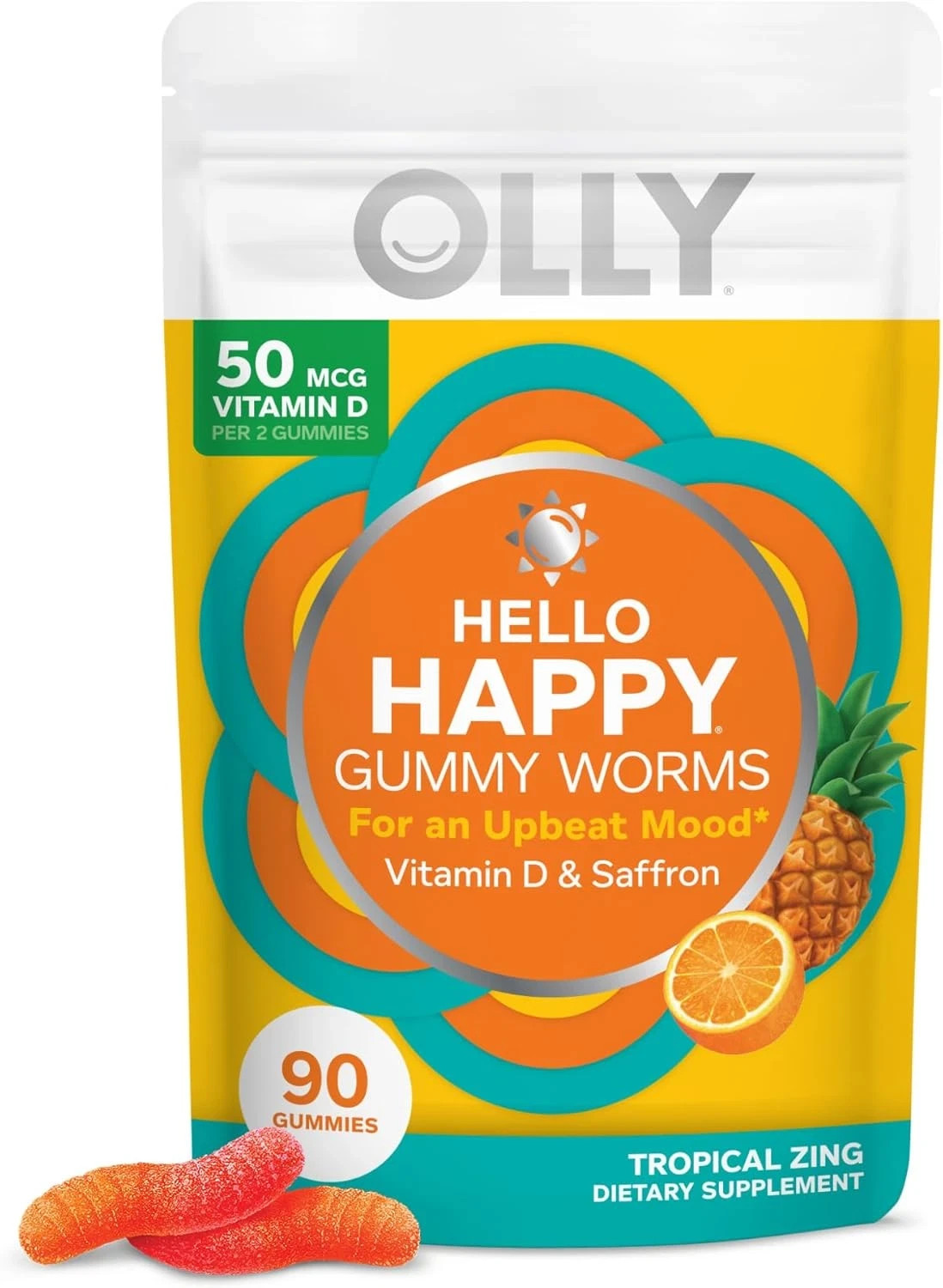 OLLY Hello Happy Gummy Worms, Mood Support, Vitamin D, Saffron, 90 Count 05/2026