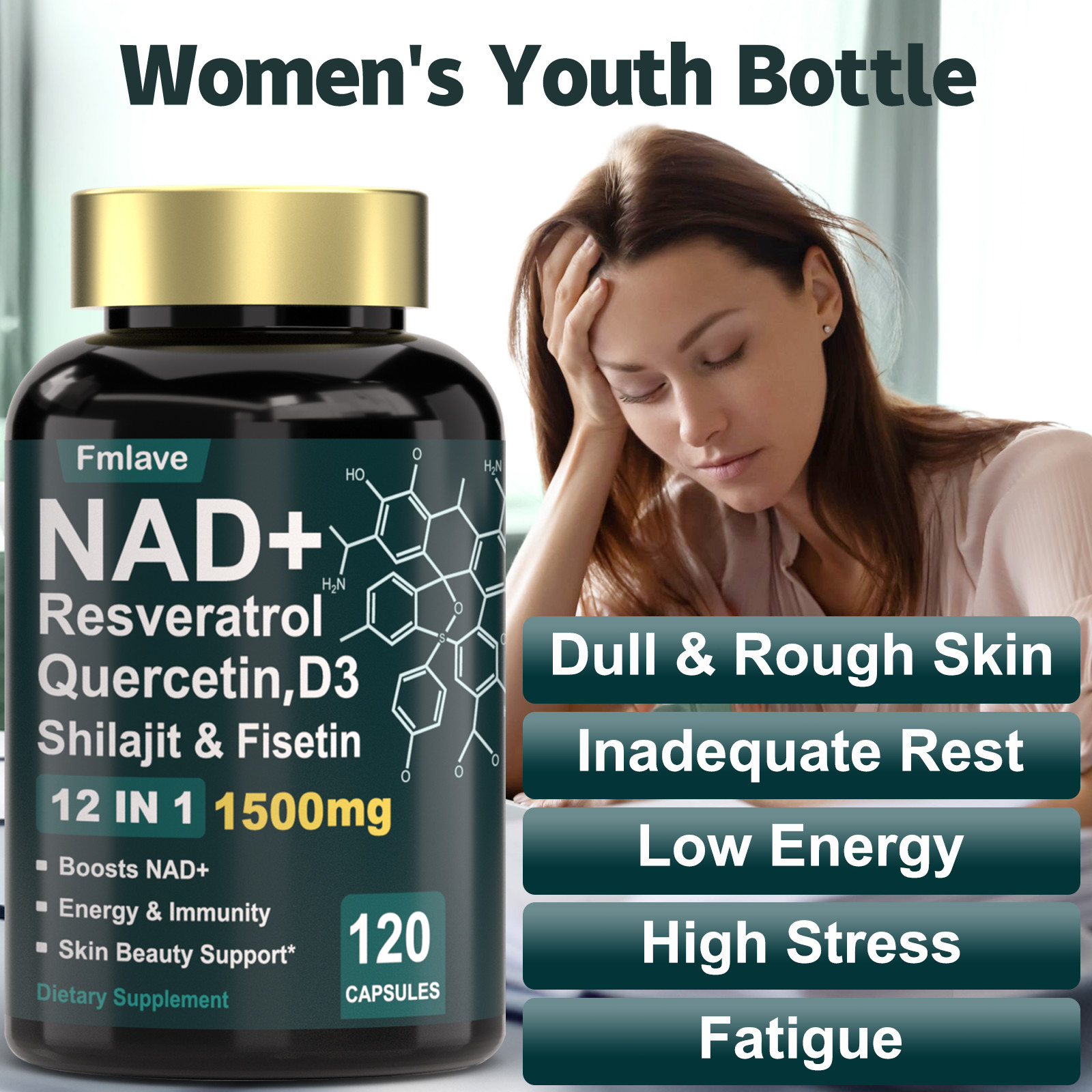 NAD+ Supplement 1500mg with Resveratrol | Cellular Health & Energy | 120 Caps US