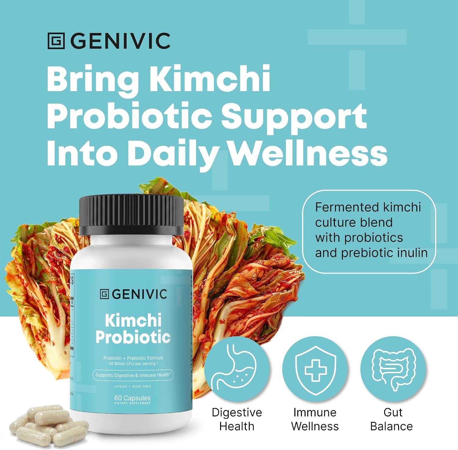 Kimchi Probiotic Capsules Supplement – 50 Billion CFU Blend for Gut Health