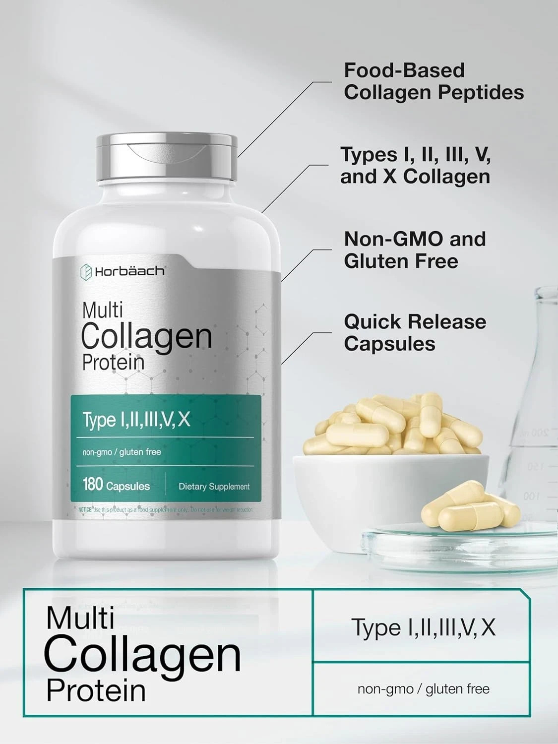 Multi Collagen Protein 2000mg | 180 Capsules | Type I, II, III, V, X | Horbaach