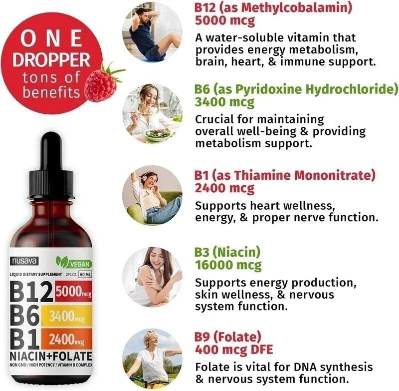 (2-Pack) Nusava B12 Drops 5000mcg – Vegan Liquid Supplement – Raspberry..