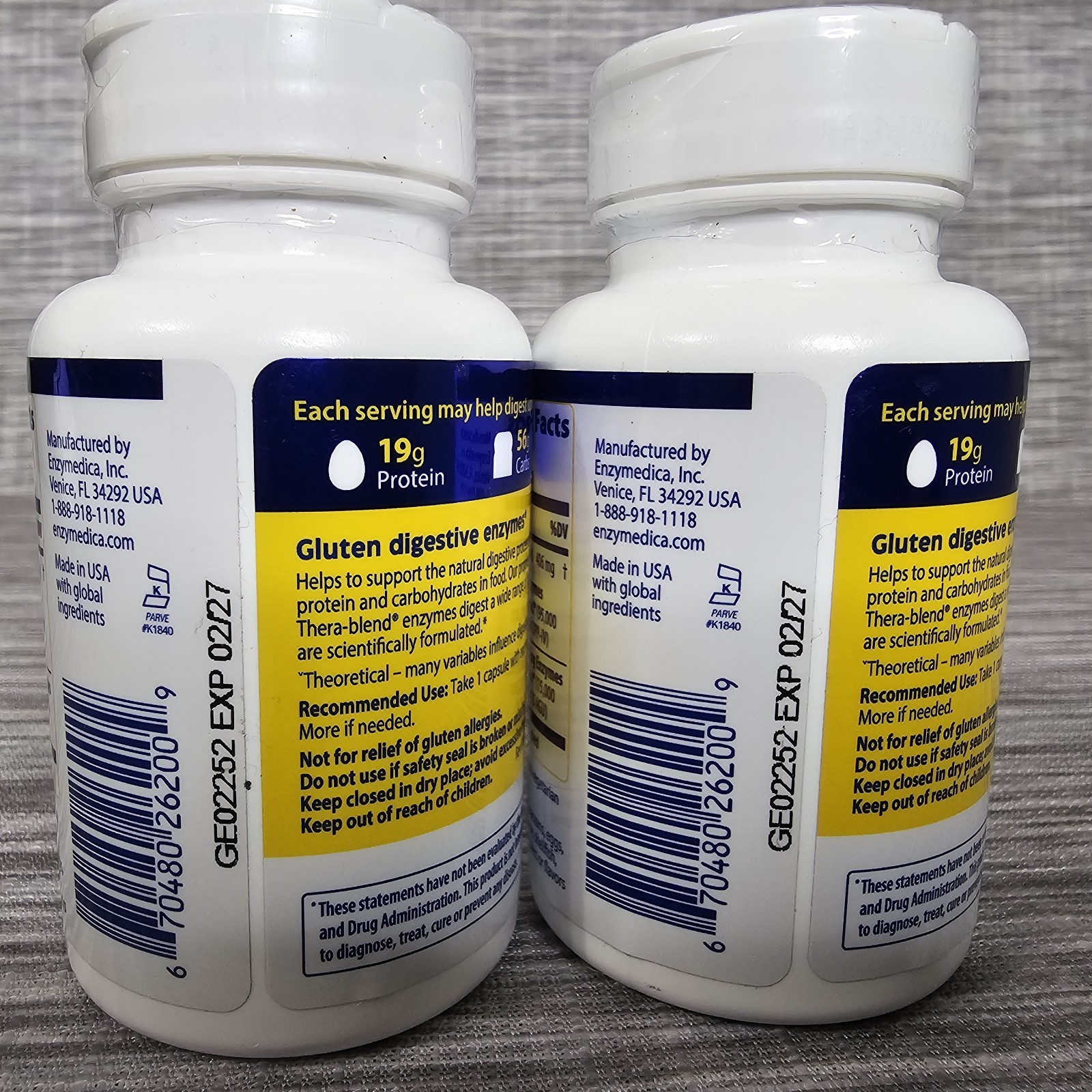 Lot of 2 Enzymedica GlutenEase 60 Capsules Exp 02/27 Gluten Digestive Enzymes