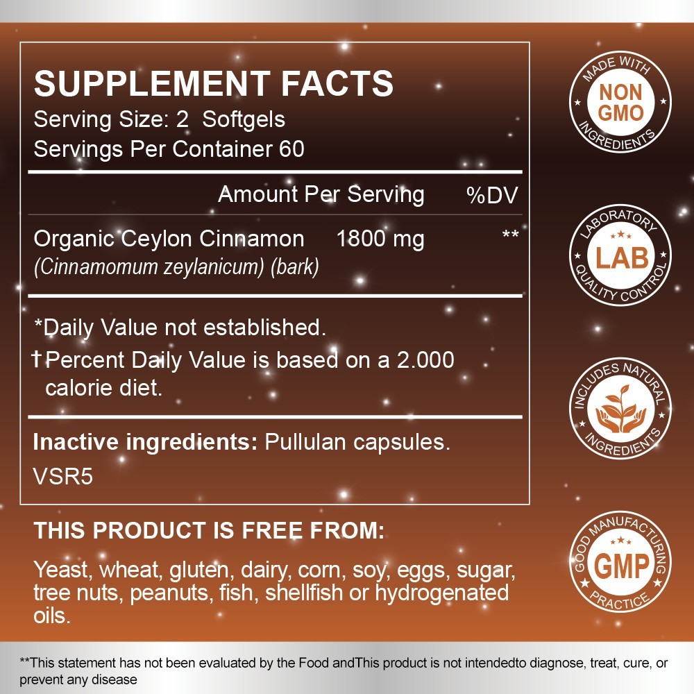 Organic Ceylon Cinnamon 360 Capsules 1800mg Highest Potency Blood Sugar Support