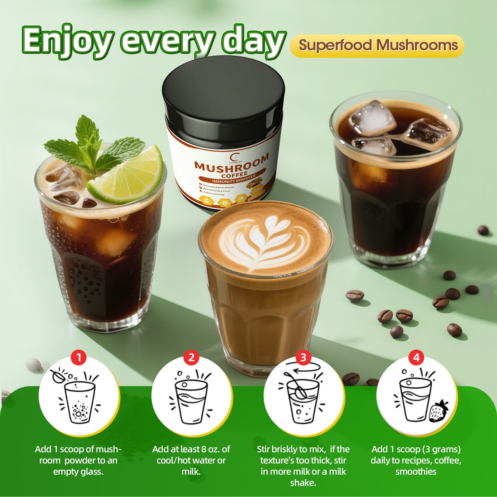 Lions Mane Mushroom Powder Instant Coffee with Lion’s Mane, Reishi, Chaga 120G