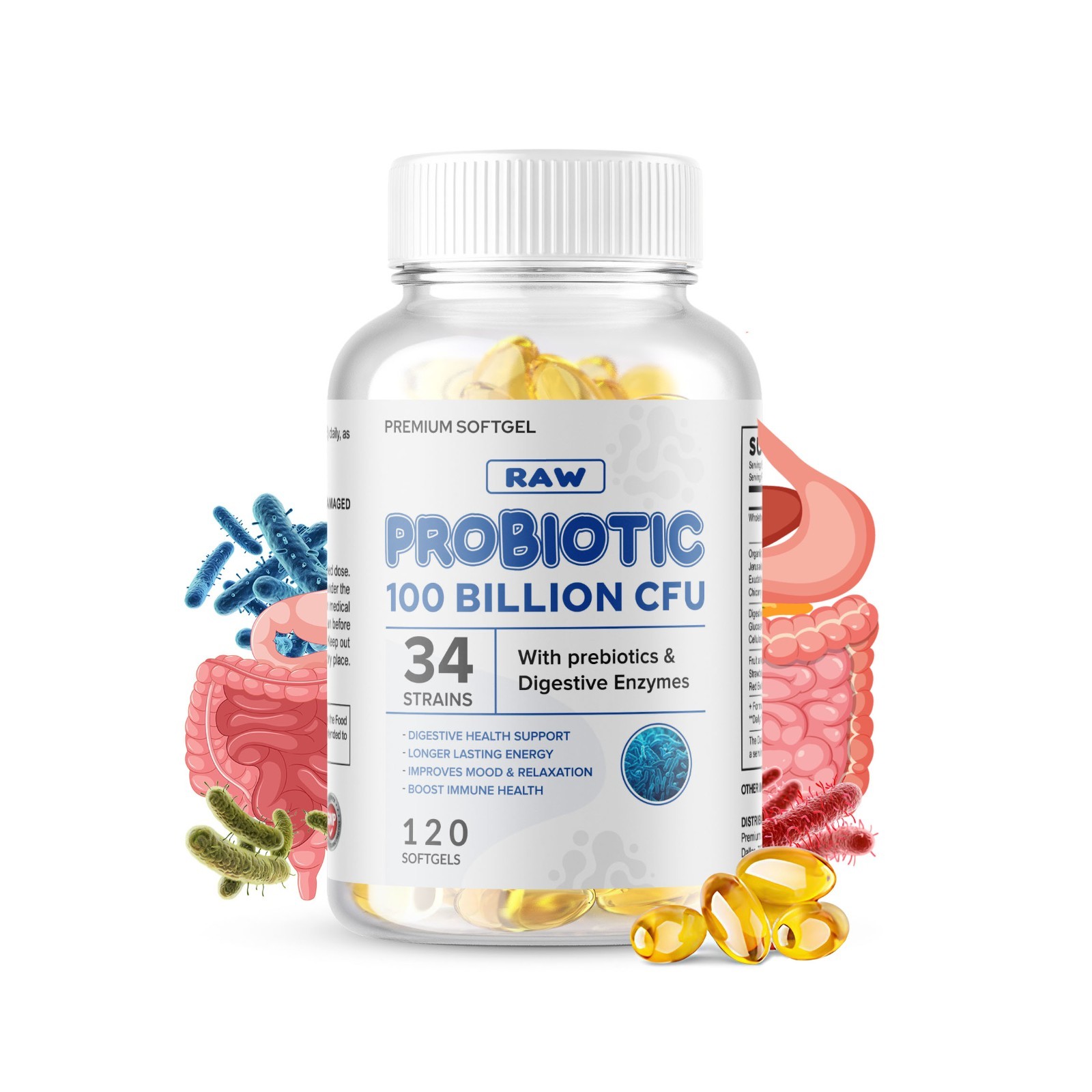 Raw Probiotics 100 Billion CFU Potency Digestive Immune Health 120 Capsules USA