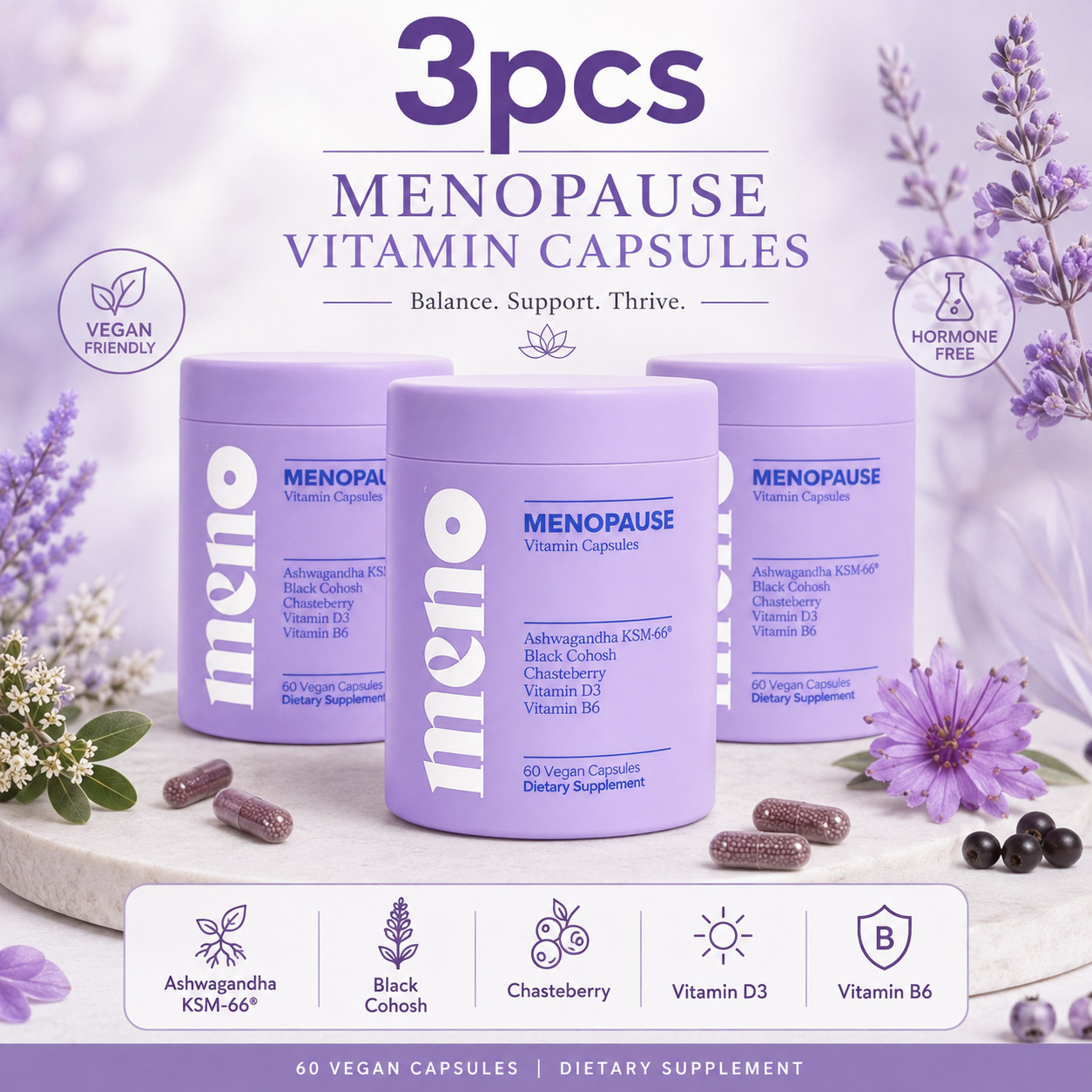 MENO Menopause Vitamins, Hormone Free Support for Hot Flashes & Mood, 60 Caps