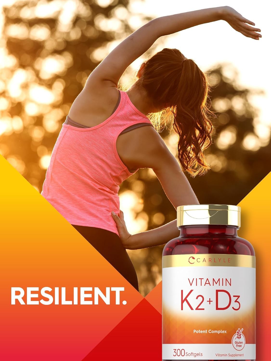 :Carlyle Vitamin K2 D3 Supplement 300 Softgels 200mcg MK-7 10000 IU D3 Non-GMO