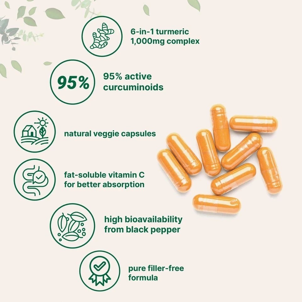 NEW Pure Turmeric Curcumin Supplement 1000mg 120 Veggie Caps 95% Curcuminoids