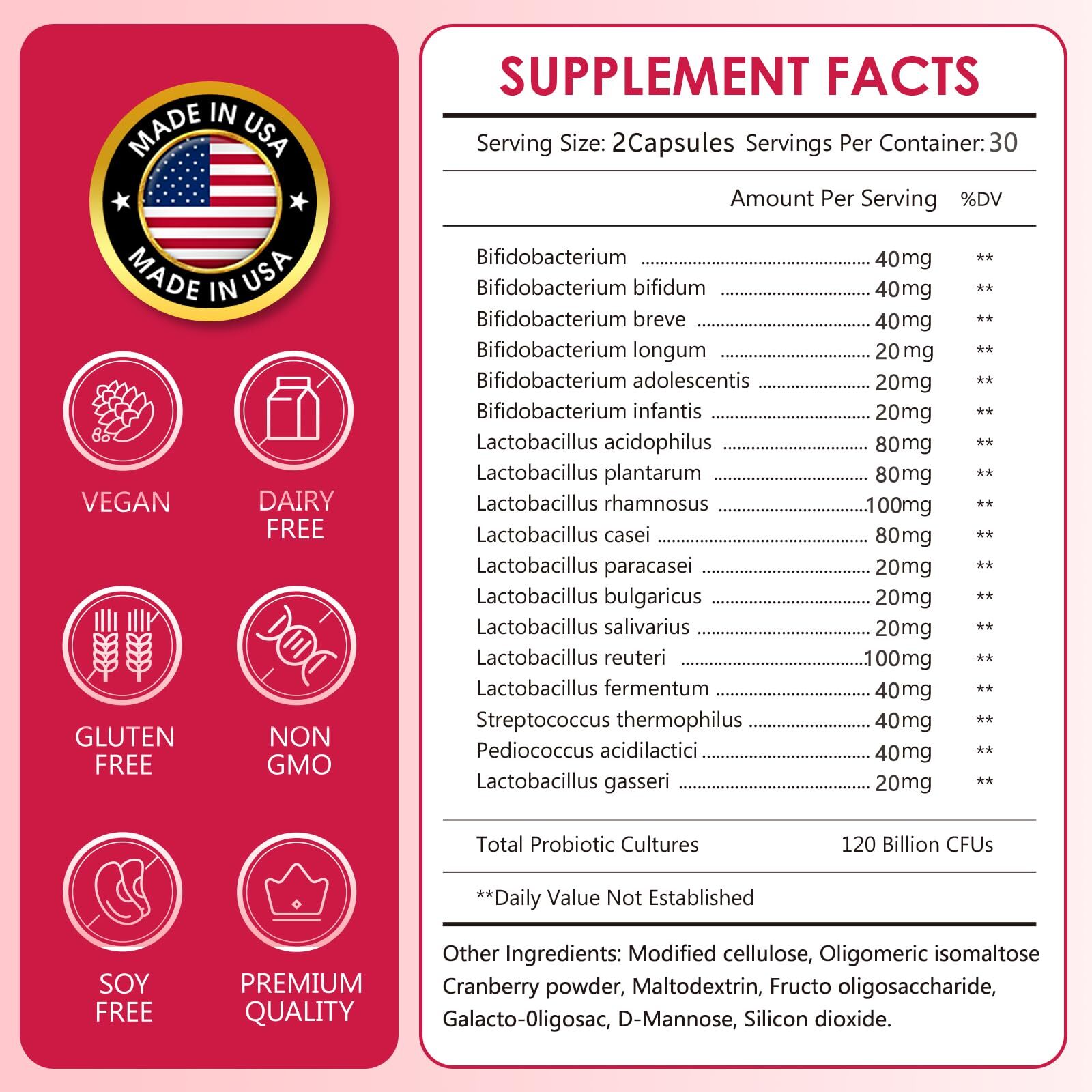 100 Billion Probiotics CFU Potency Gut Health Women 60 Capsules