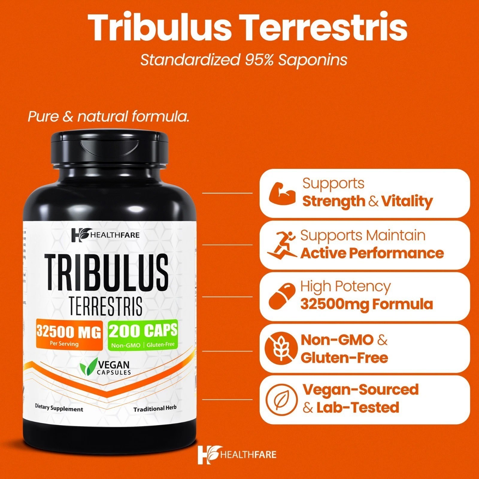 Healthfare Tribulus Terrestris 32,500mg 200 Caps High Potency Herbal Supplements