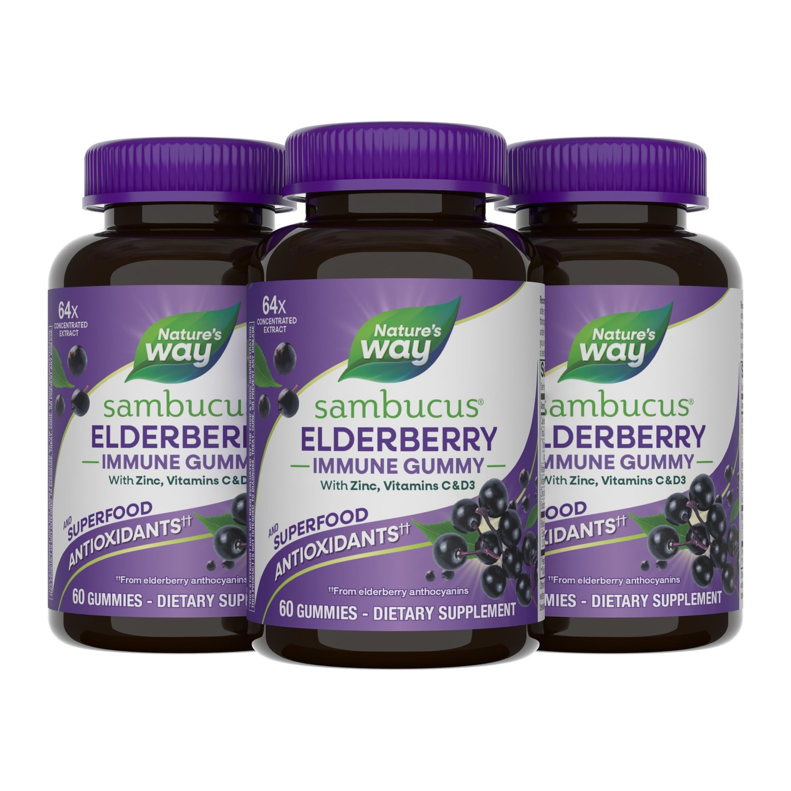 Nature’s Way Sambucus Elderberry Immune Support Gummies 60 Count (Pack of 3)