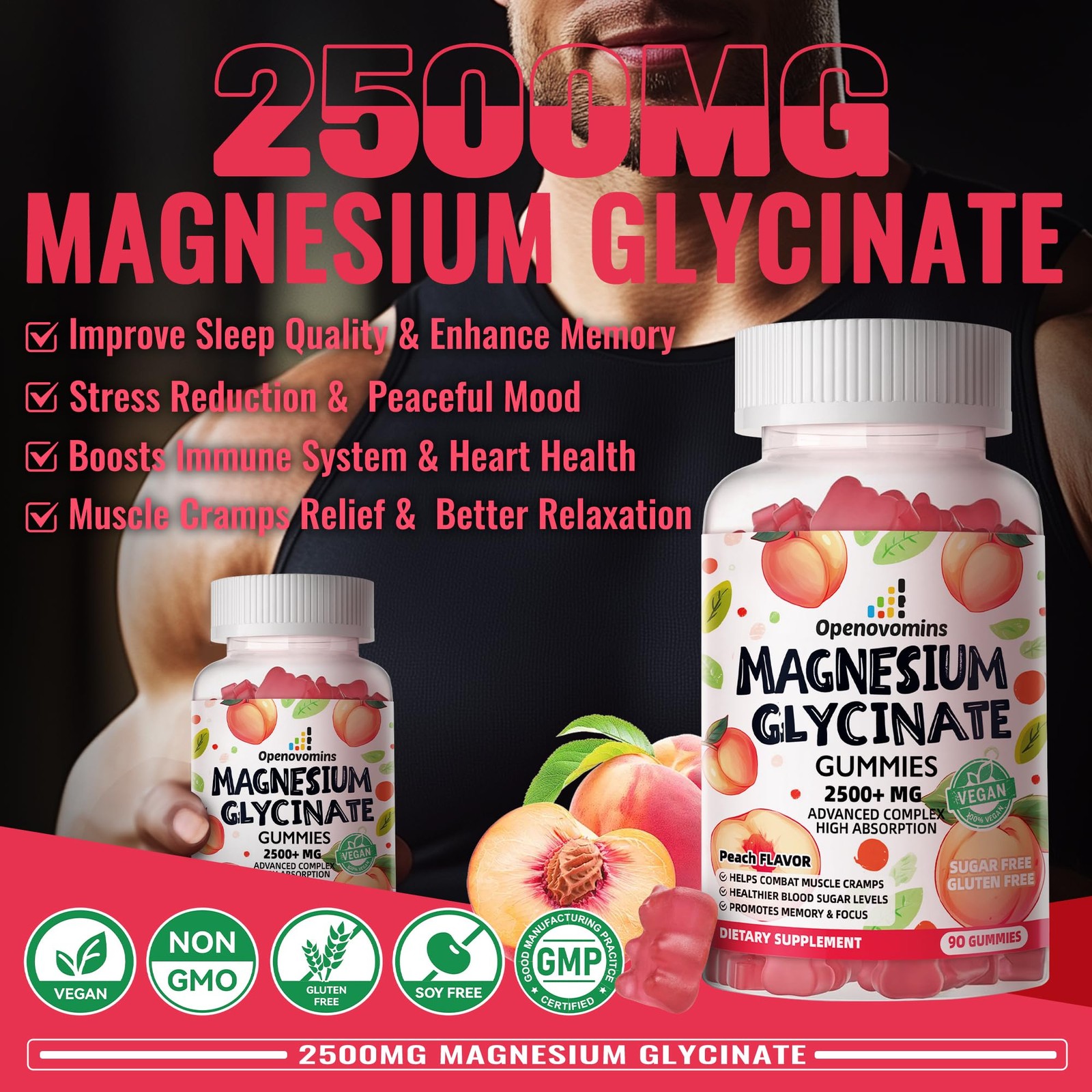 Magnesium Glycinate Gummies 2500mg – Sugar Free 90 Count (Pack of 1), Peach