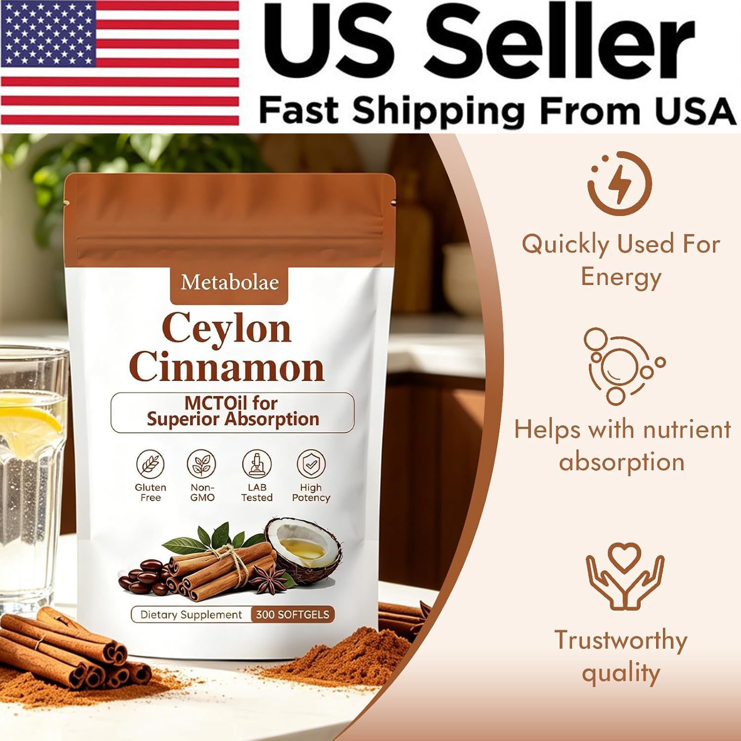Metabolae Ceylon Cinnamon Capsules With MCT Oil, Non-GMO, Gluten Free, 300pcs