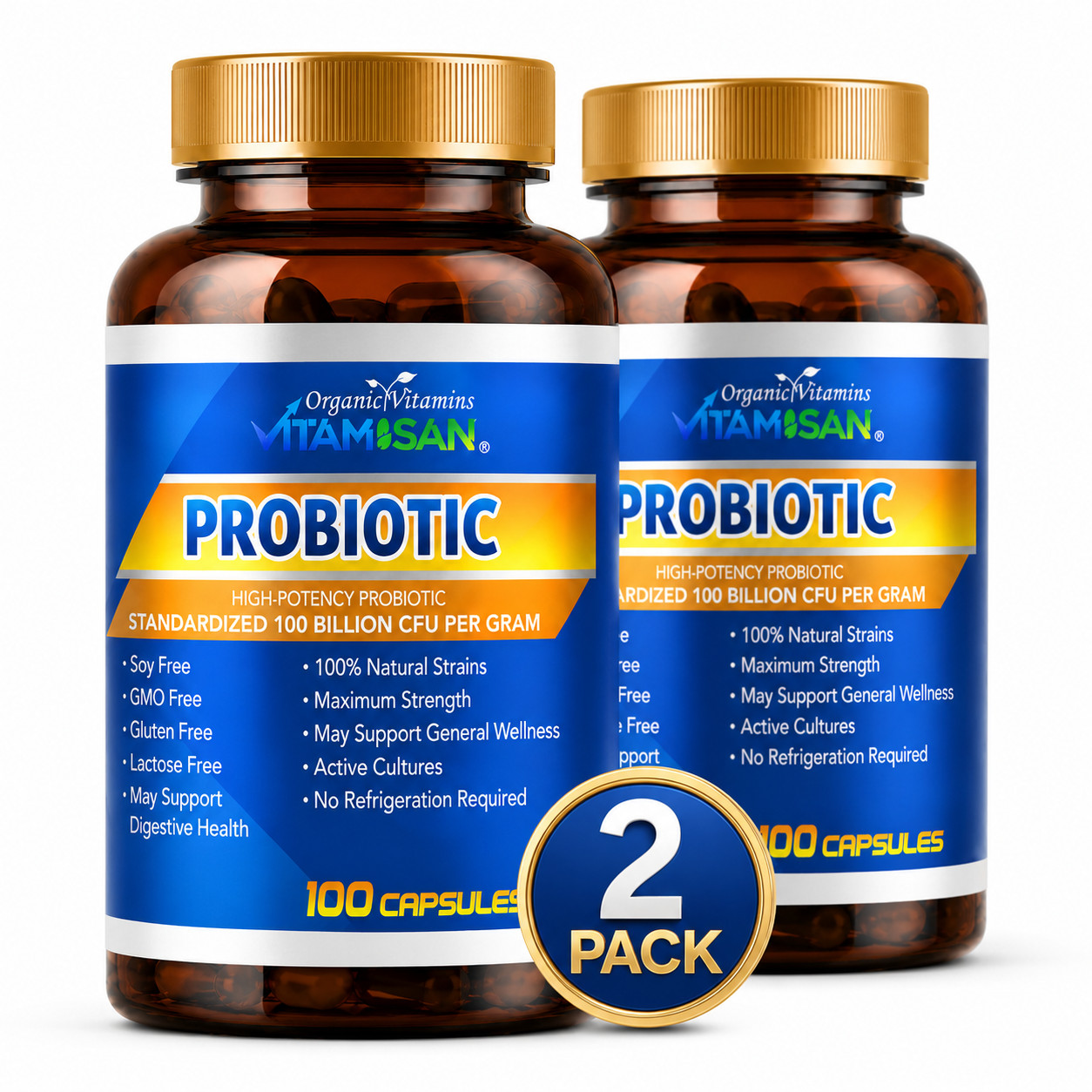 Probiotic 100 Billion CFU 2 Bottles Natural Strains Digestive Health Support
