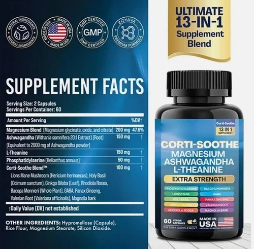 2 BOTTLES-CORTI-SOOTHE Cortisol Support, Magnesium Ashwagandha L-Theanine S.R.-