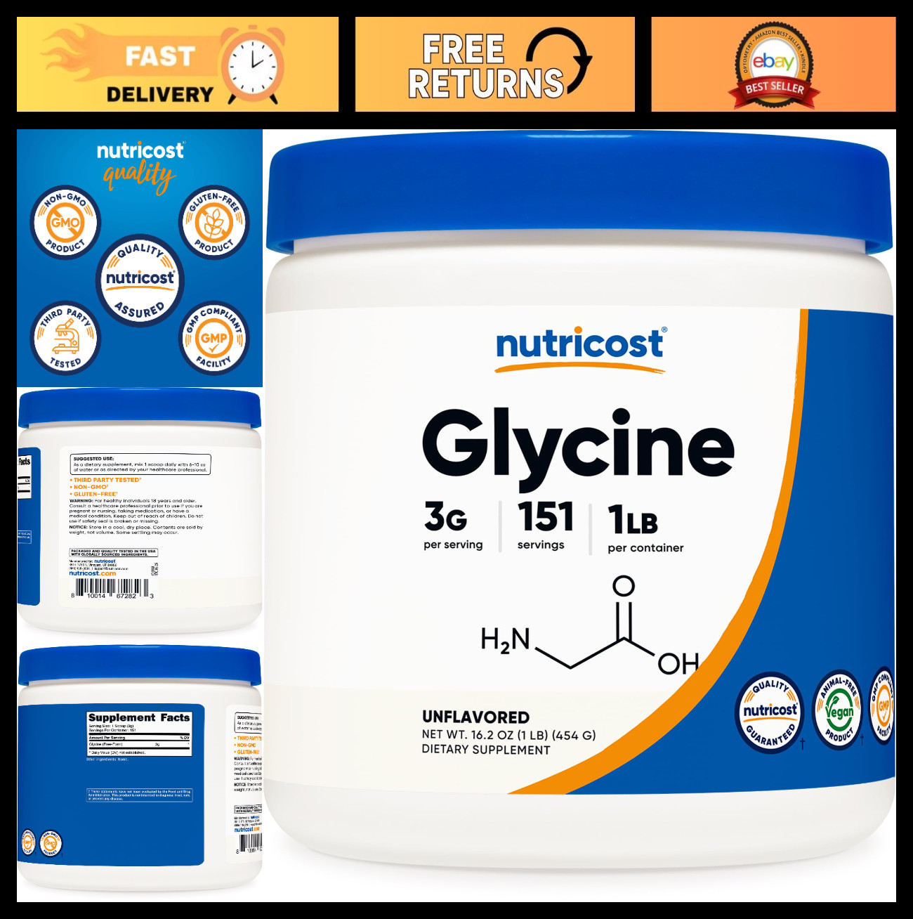 Glycine Powder 1lb – Non-GMO, Gluten Free, Pure Amino Acid Supplement for Muscle
