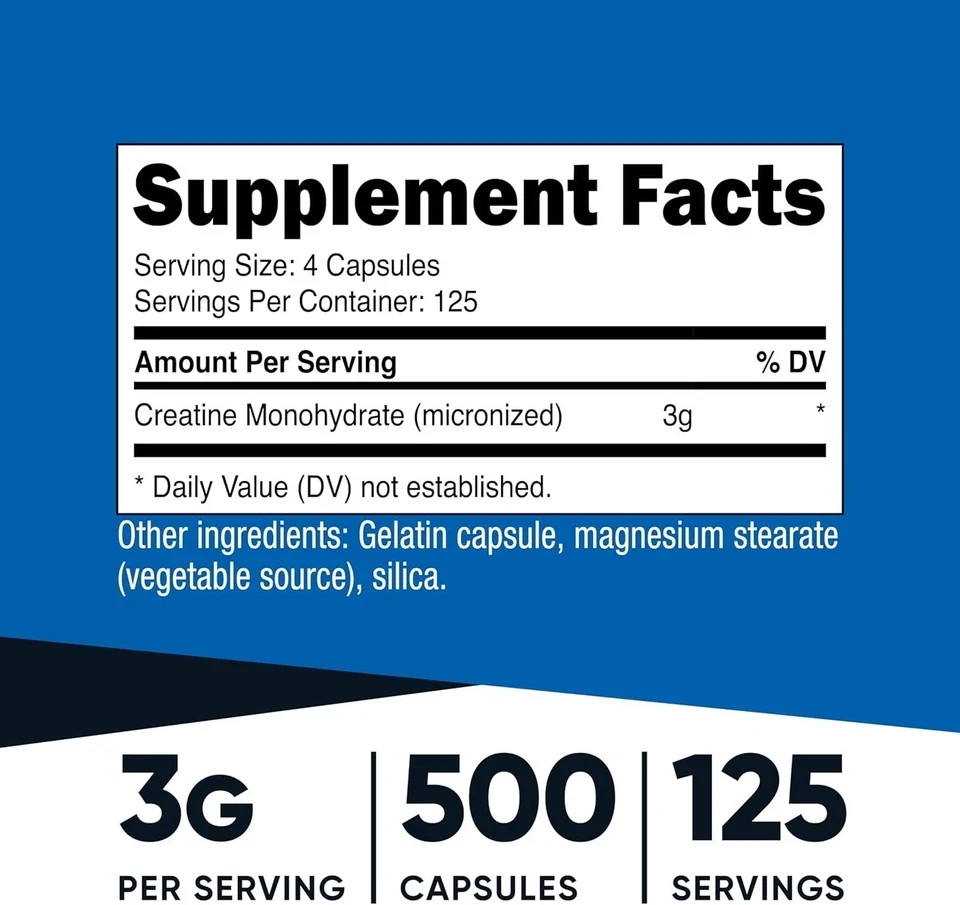 Nutricost Creatine Monohydrate 3g, 500 Capsules (750mg Per Capsule)
