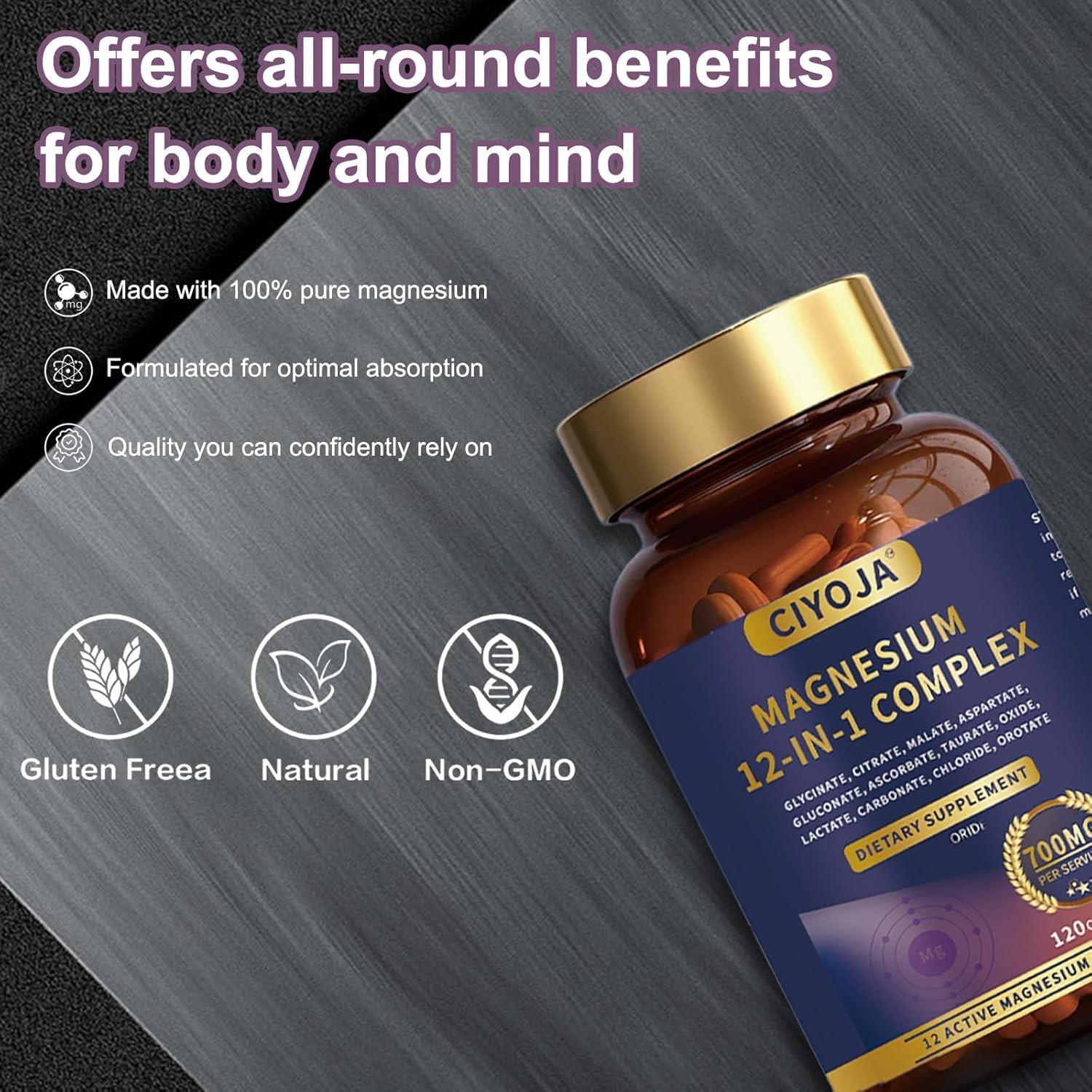 12 in 1 Magnesium Complex 700mg Supplement with Glycinate Citrate Capsules