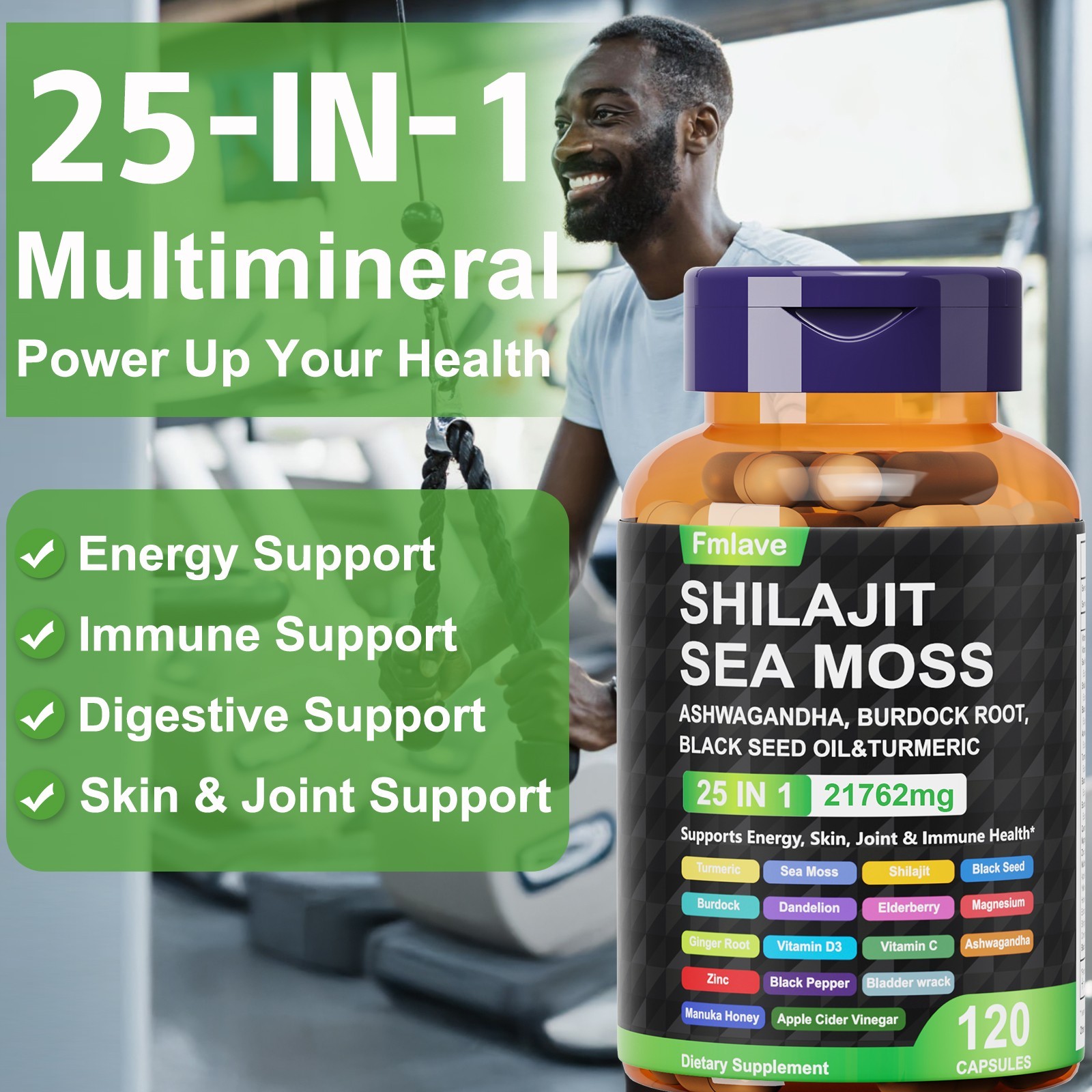 Sea Moss, Black Seed Oil, Ashwagandha, Turmeric Ginger Shilajit Burdock 120 caps