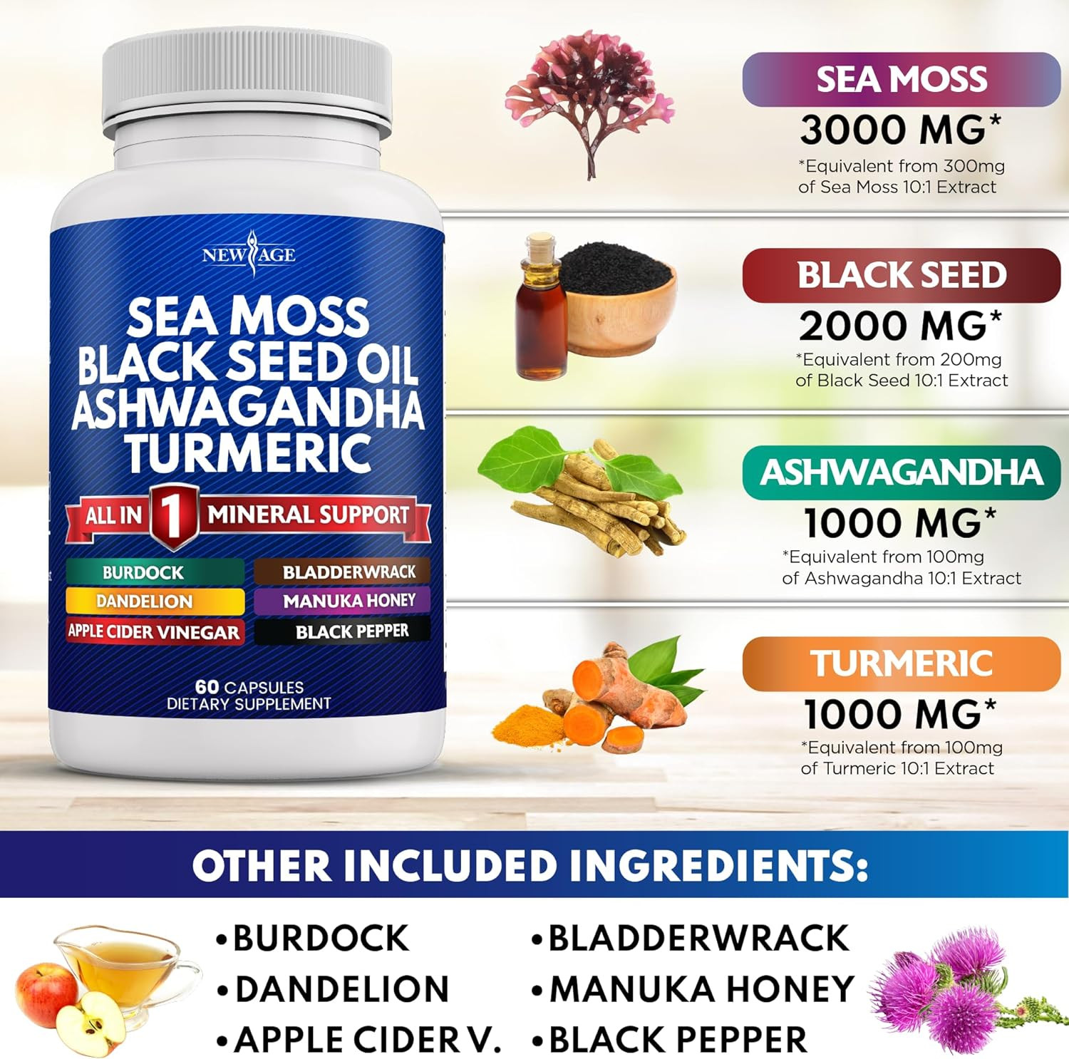Silica Sea Moss 3000Mg Black Seed Oil 2000Mg Ashwagandha 1000Mg Turmeric 1000Mg