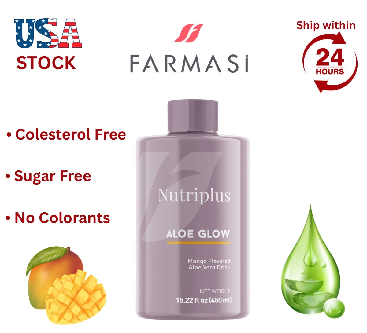 FARMASI NUTRIPLUS ALOE GLOW MANGO DRINK SUPPLEMENT 15.22oz 450ml FREE SHIPPING
