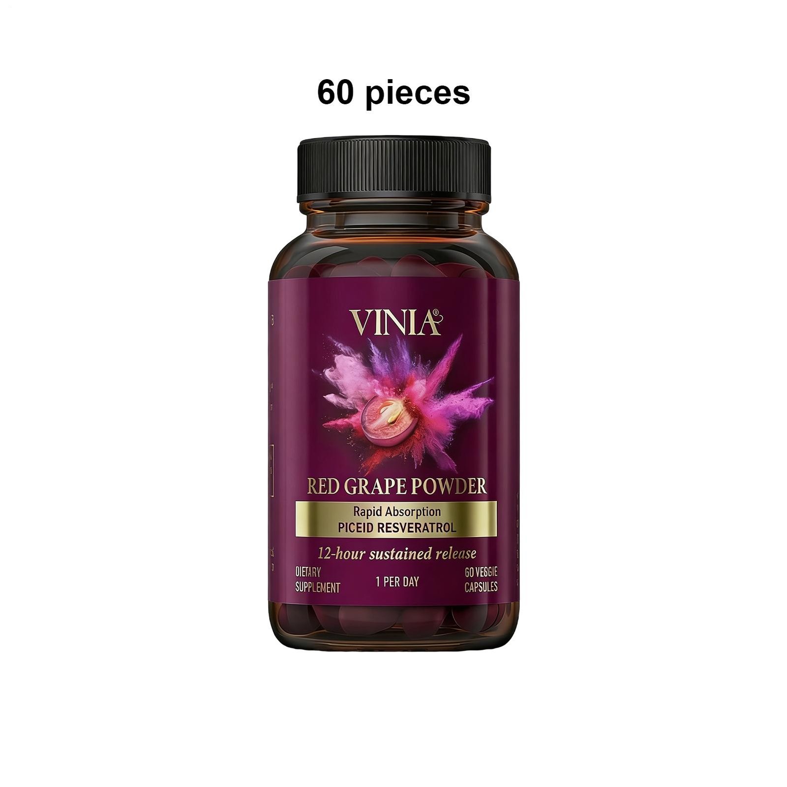 VINIA Piceid Resveratrol Red Grape Powder Supplement Increases Blood Flow 60caps