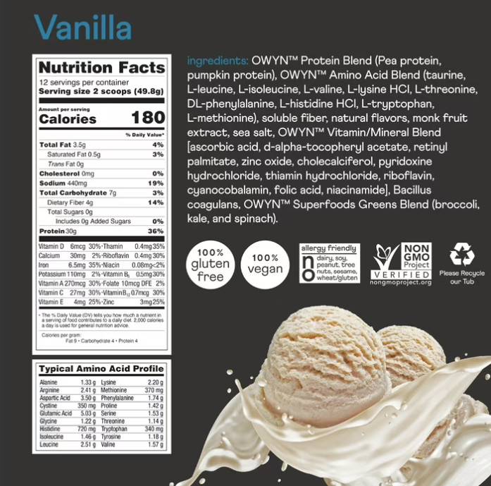 OWYN Pro Elite 30g High Protein Powder, Vanilla, Single