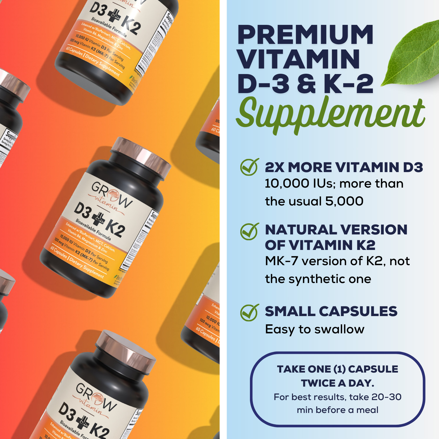 Vitamin D3 K2 Vegan D3 5000iu + K2 MK7 + Plant Based Coconut Oil – 30 Softgels