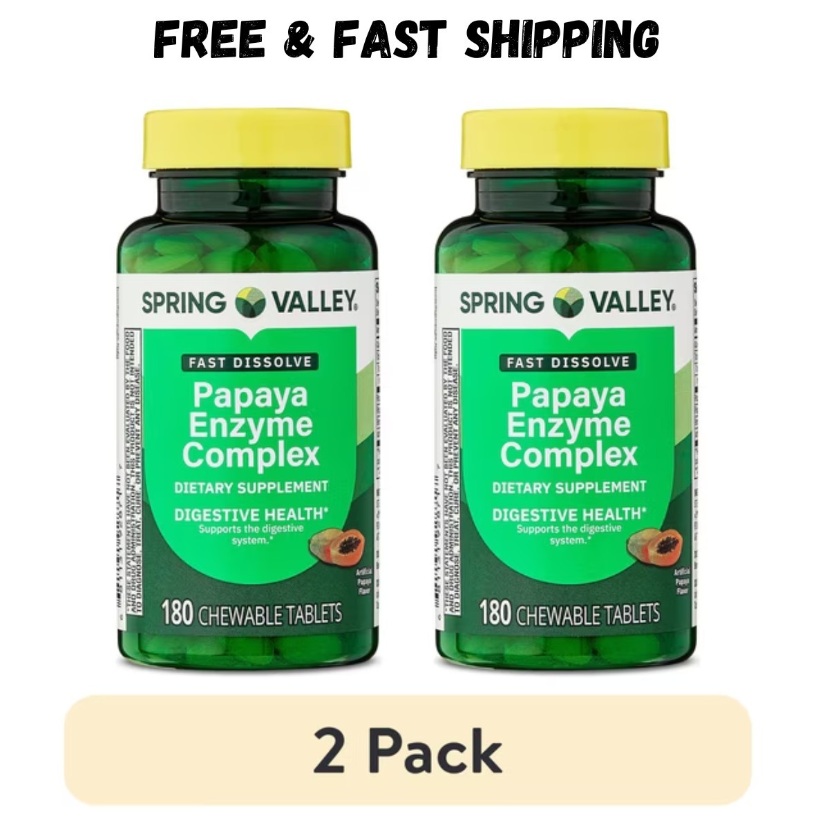 Spring Valley Papaya Enzyme Complex Chewable Tablets Dietary Supplement 2×180 Ct