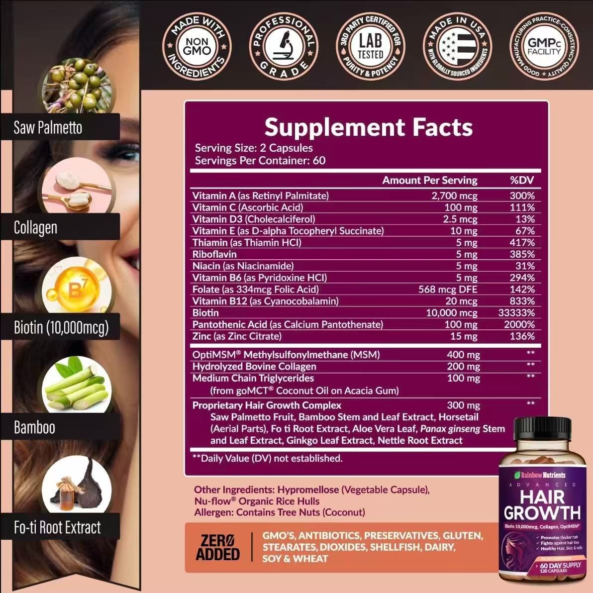 24-in-1 Advanced Hair Growth Vitamins Biotin 10,000mc9,Collagen,Patented OptiMSM
