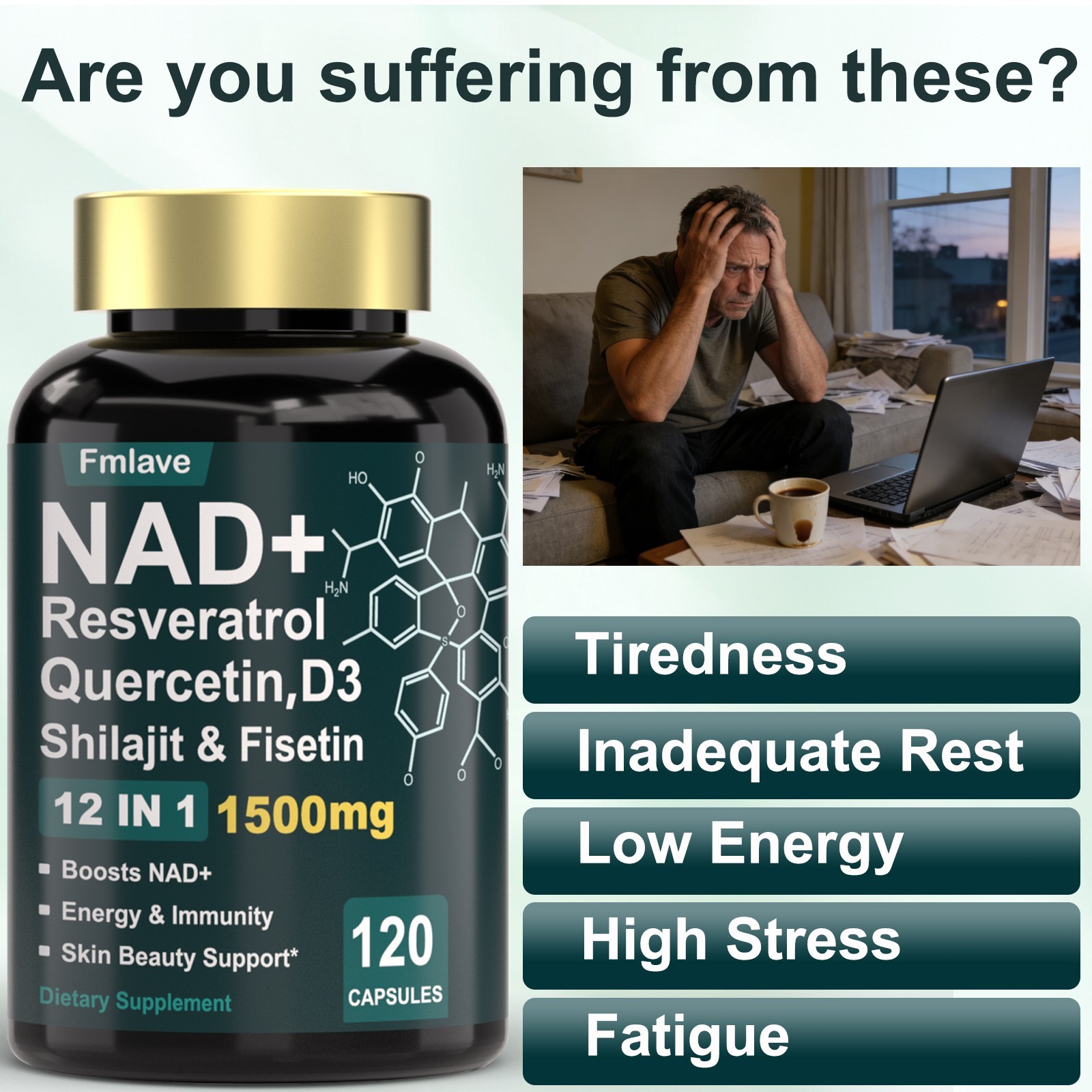 4pack NAD+ Supplement 1500Mg with Resveratrol Fisetin Nad plus Boosting 480 Caps