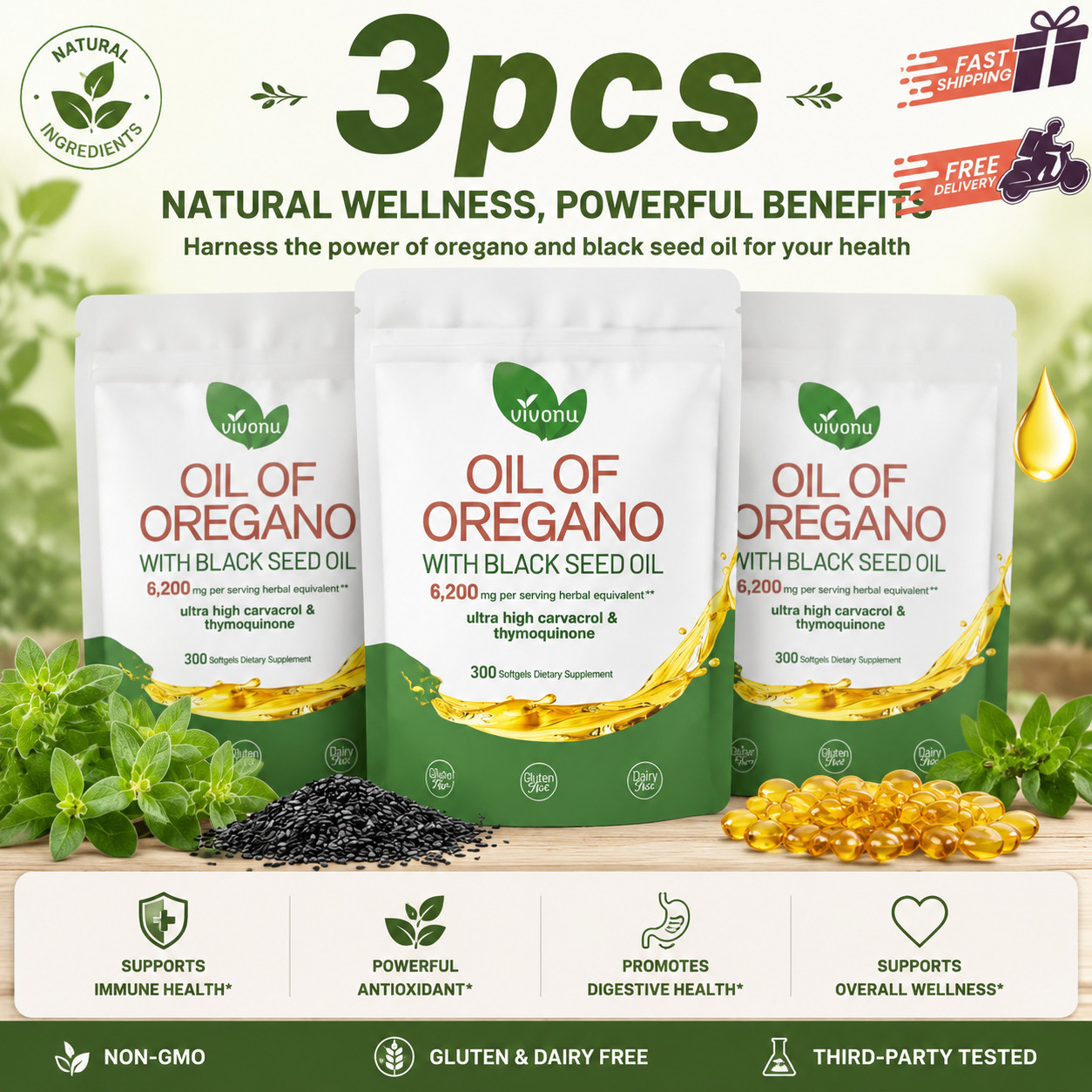 3PCS Oil of Oregano Softgels w/ Black Seed – 6000mg High Potency 300 Count New