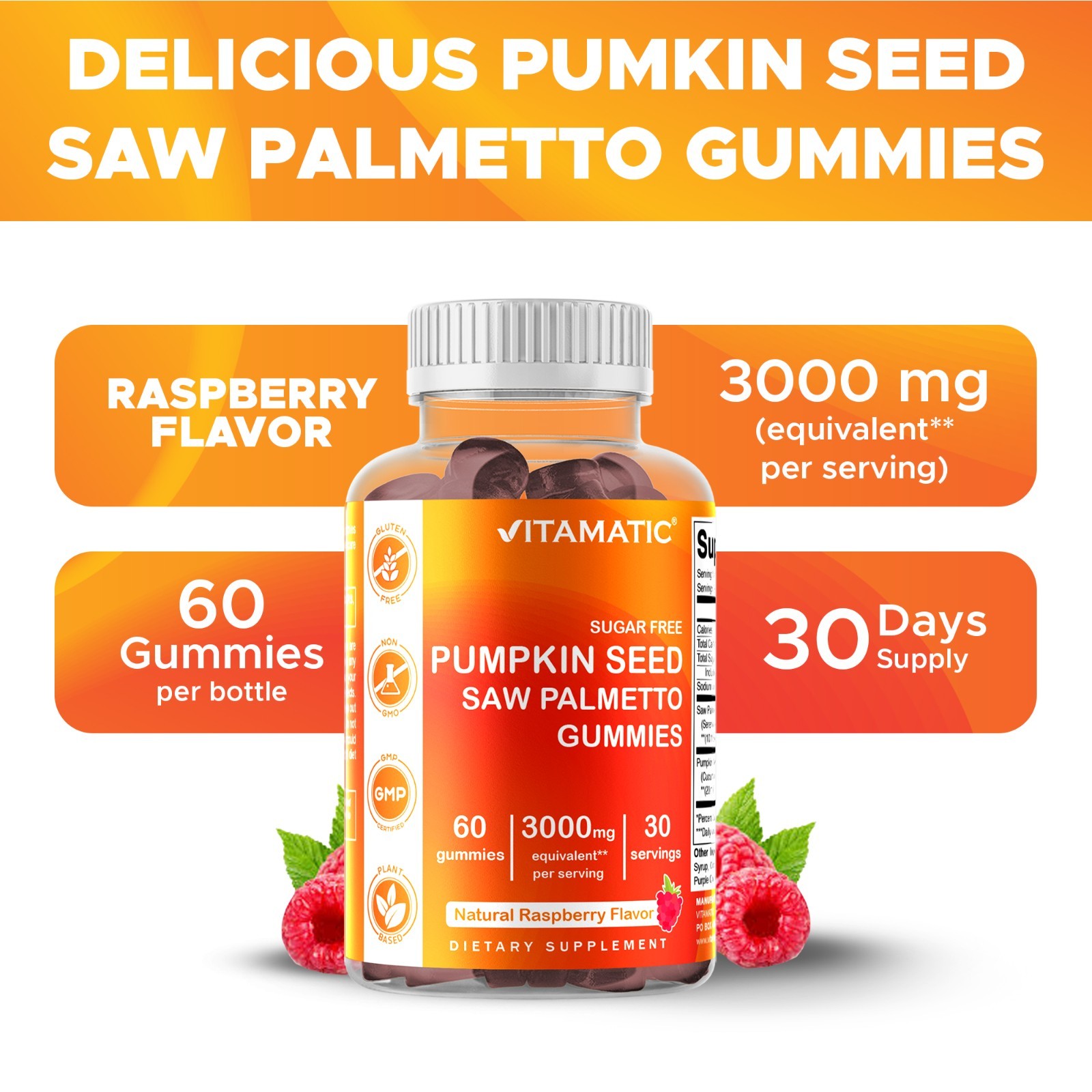 Vitamatic 2 Packs Sugar Free Pumpkin Seed Gummies Natural Raspberry Flavor-60 ct
