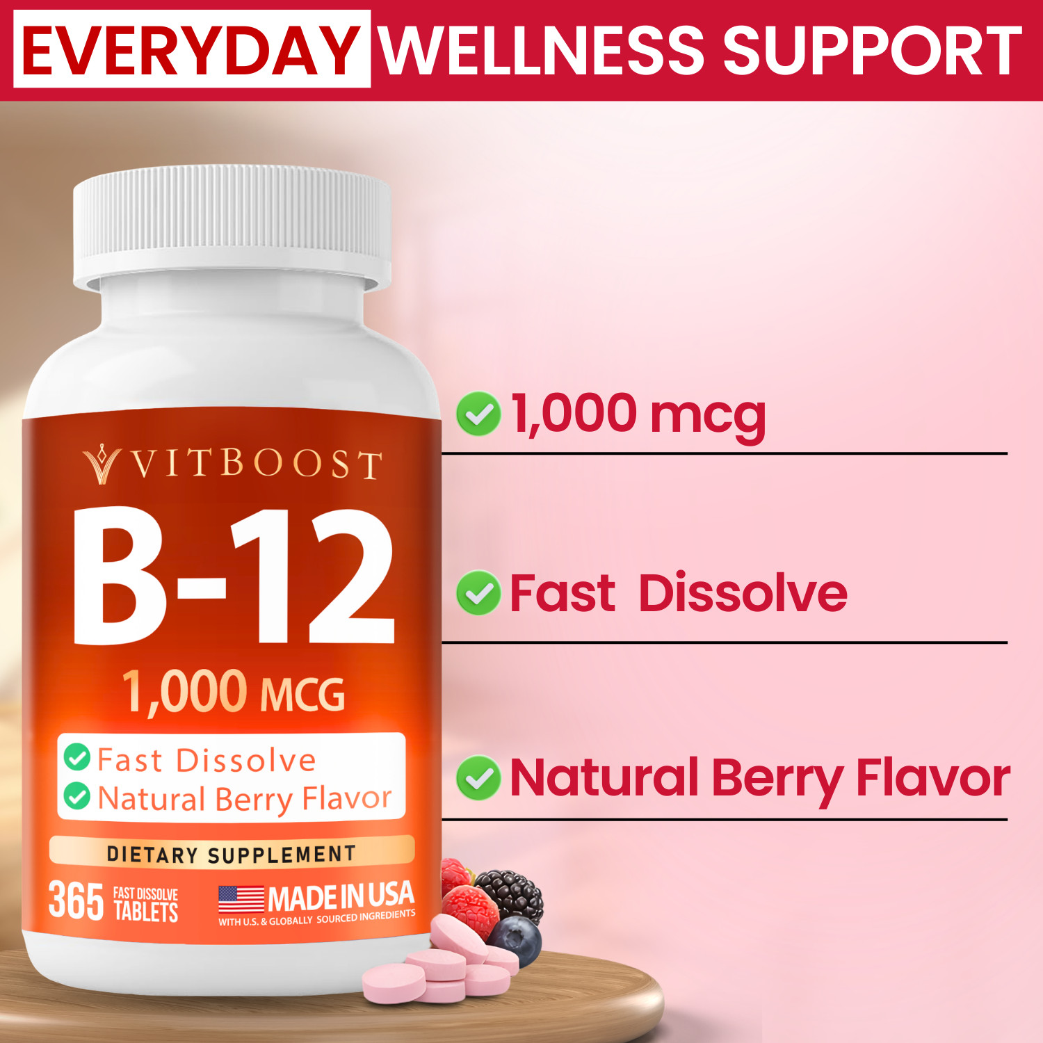 VITBOOST Vitamin B12 1000 mcg Chewable Tablets – 365 Count Natural Berry Flavor