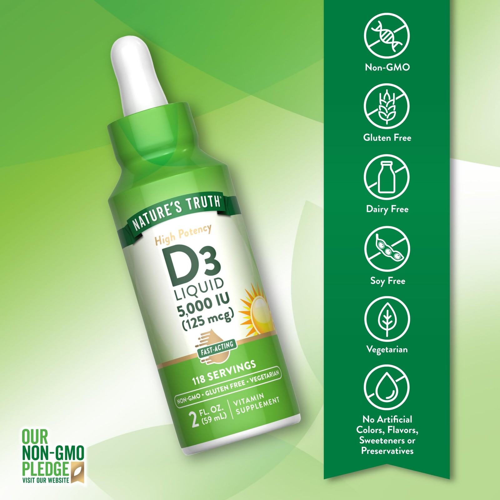Liquid Vitamin D3 5000 IU 2 Fl Oz Vegetarian Gluten Free Fast Acting Supplement