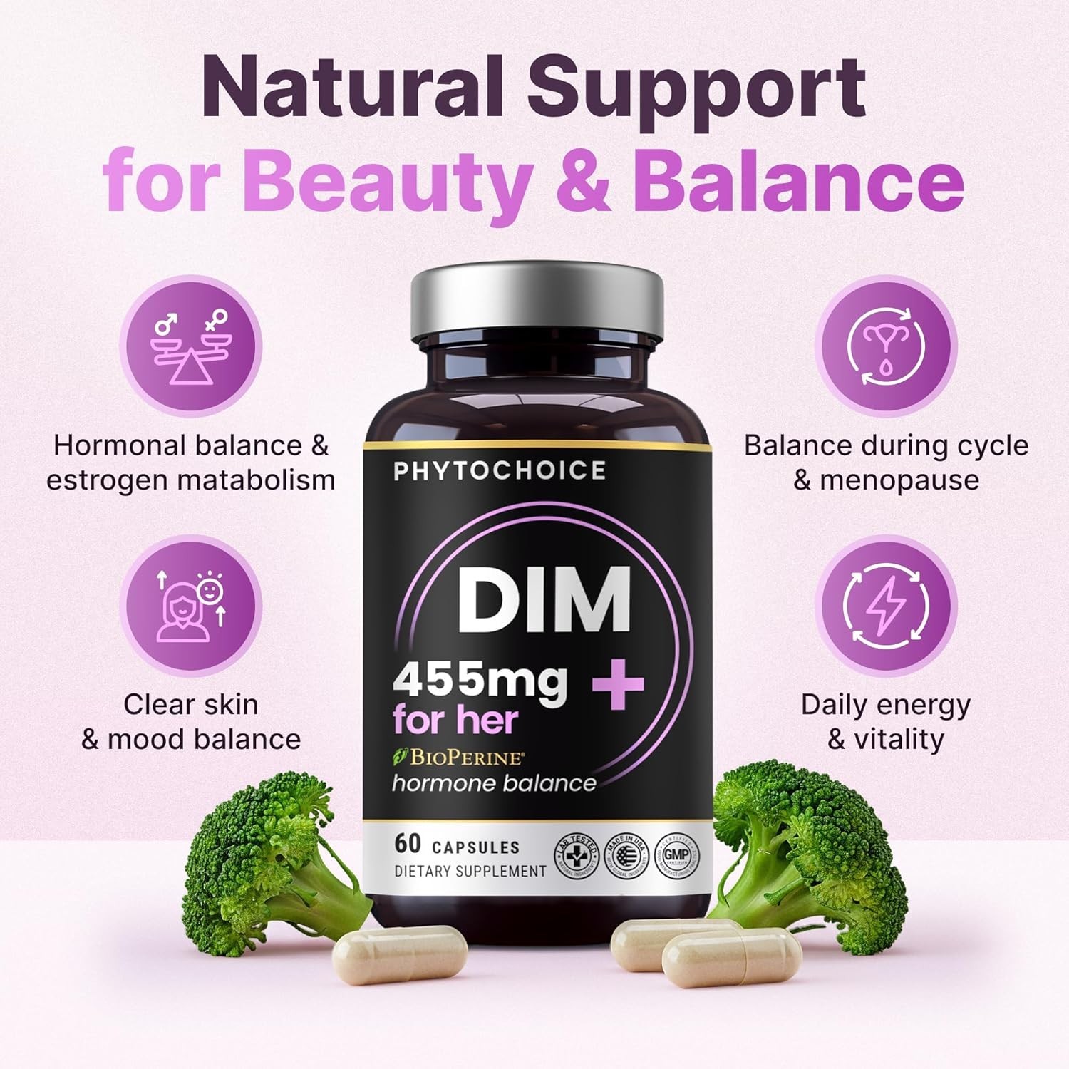 Phytochoice DIM (Diindolylmethane) 350mg w/ Bioperine & Brocolli Extract 60 Days