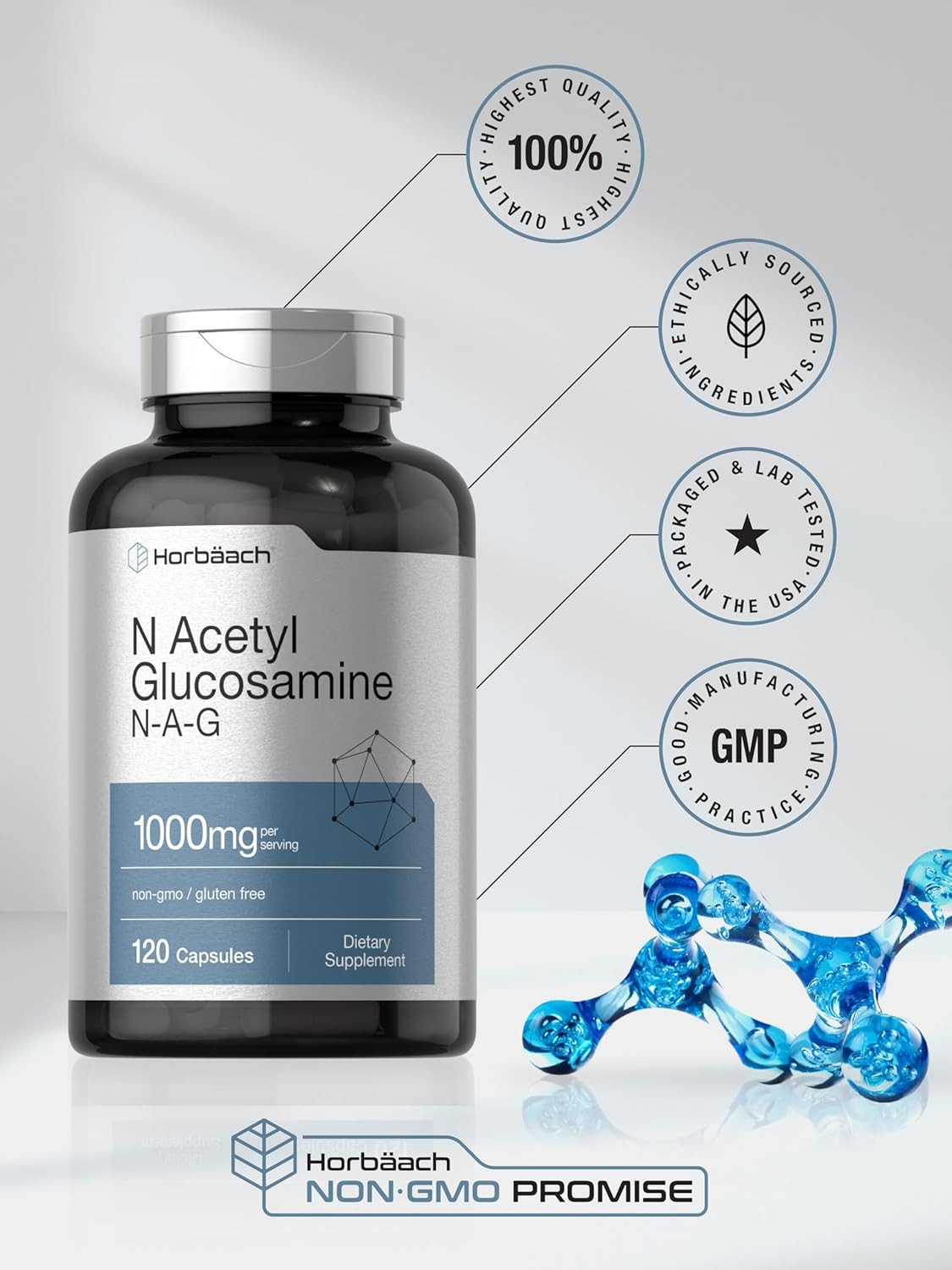 N-Acetyl Glucosamine 1000mg | 120 Capsules | Non-GMO, Gluten Free | N-A-G Suppl.
