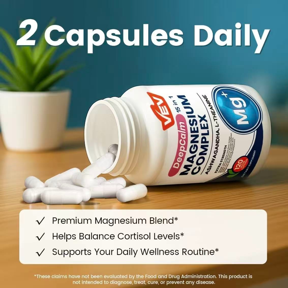 1-3 Pack VEV DeepCalm 15 in 1 Magnesium Glycinate & Citrate Complex 120 Capsules