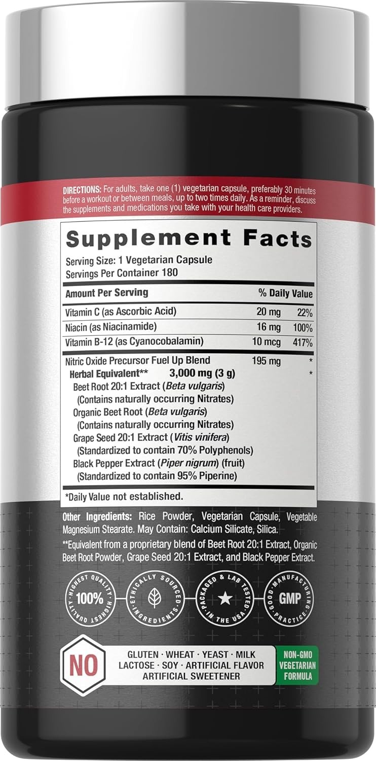 Nitric Oxide Beet Root Capsules | With Nitrates | 180 Count | by Horbaach