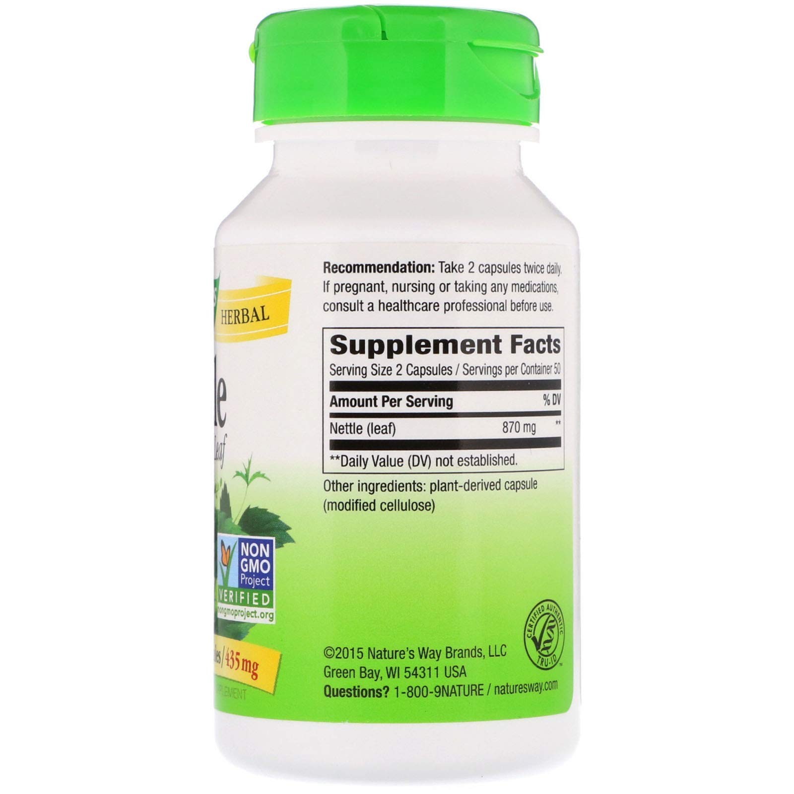 Nettle Leaf 435mg – TRU-ID Certified, Non-GMO, Vegetarian, 100 Capsules, 2 Pack