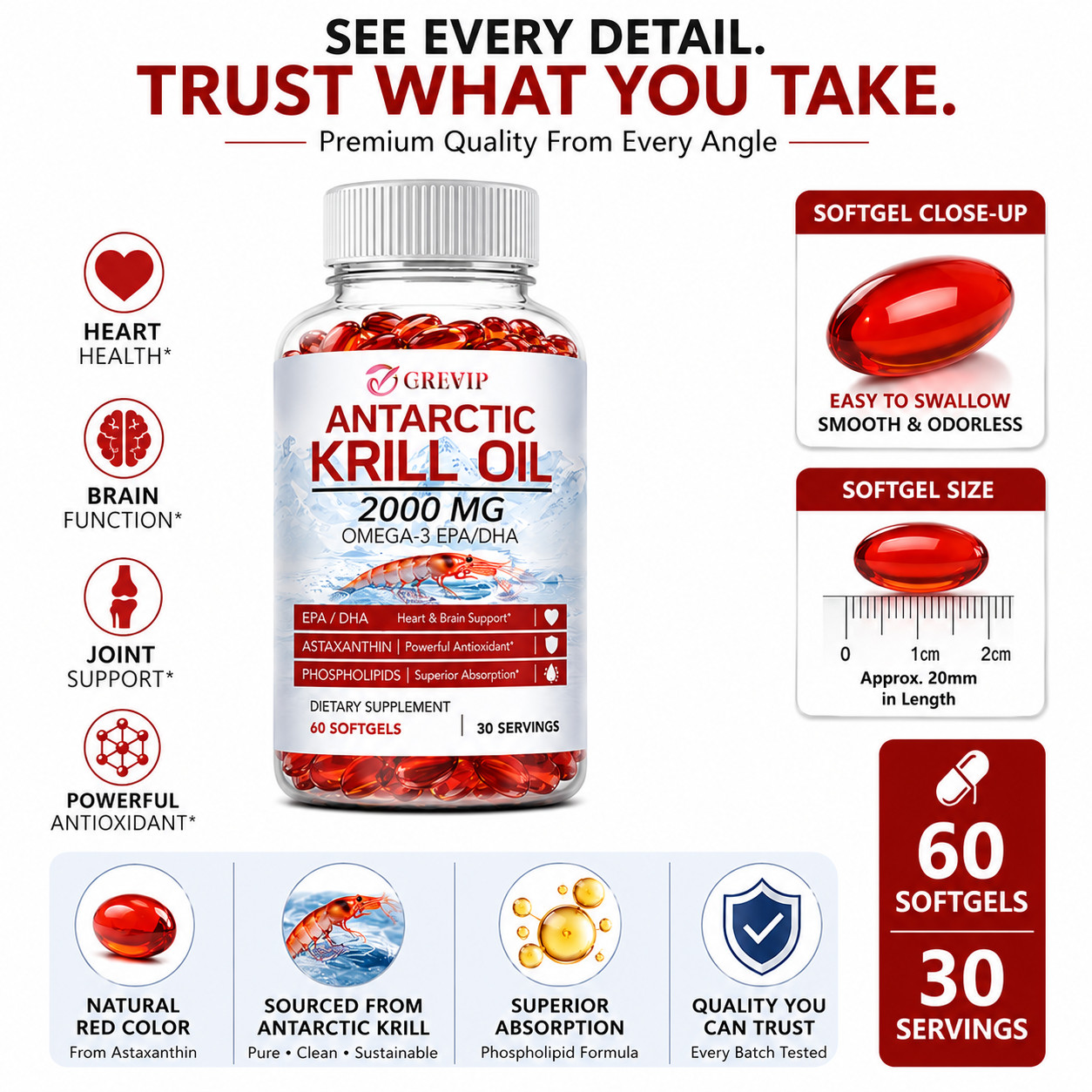 Antarctic Krill Oil 2000mg Omega 3, EPA, DHA, Astaxanthi For Heart, Brain, Joint