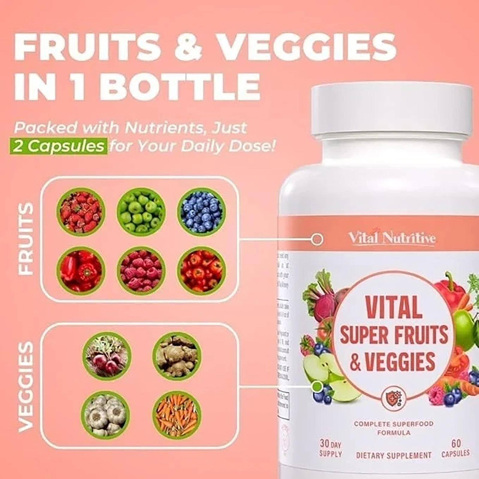 Vital Super Fruits and Veggies Powerful Daily Superfood 60 Capsules