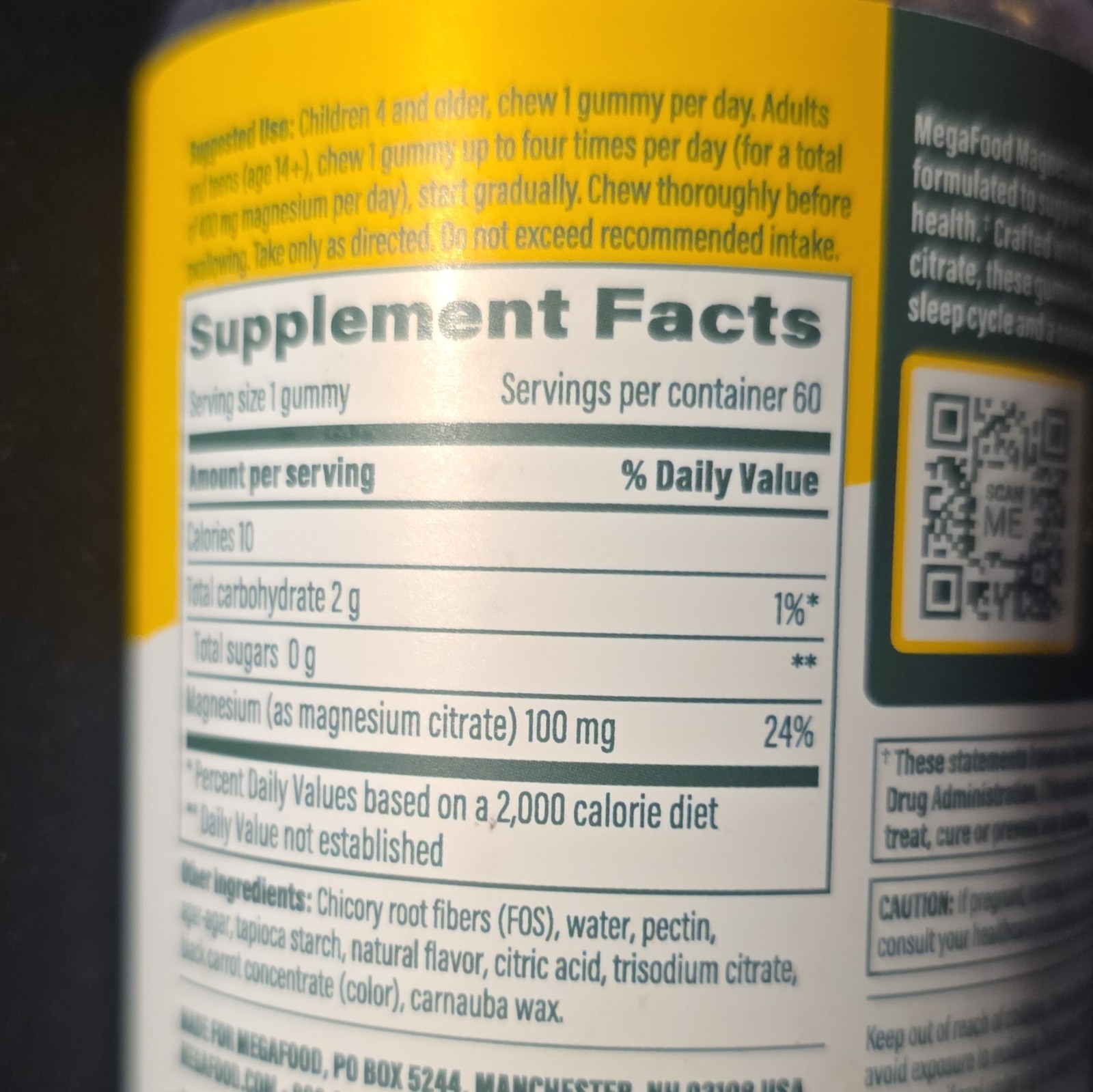 MegaFood Magnesium Citrate Gummies 100mg Raspberry Gluten-Free Vegan 60 Ct