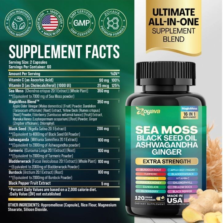 Sea Moss Black Seed Oil Ashwagandha Ginger – Extra Strength 16-in-1 | 120 Caps