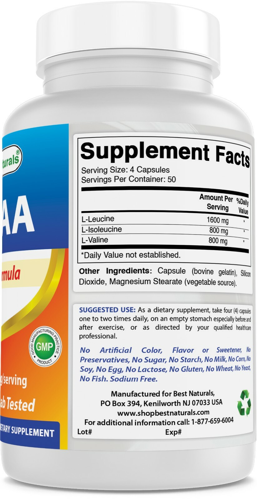 Best Naturals BCAA Branch Chain Amino Acid, 3200mg per Serving, 200 Capsules