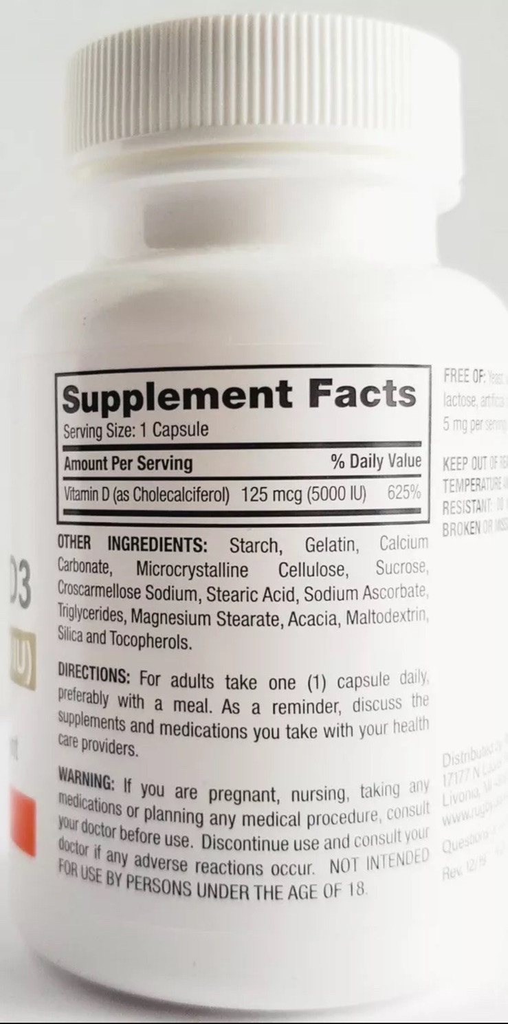Rugby Vitamin D3 5000 IU (125mcg) 100 Capsules – Exp Date 05-2026