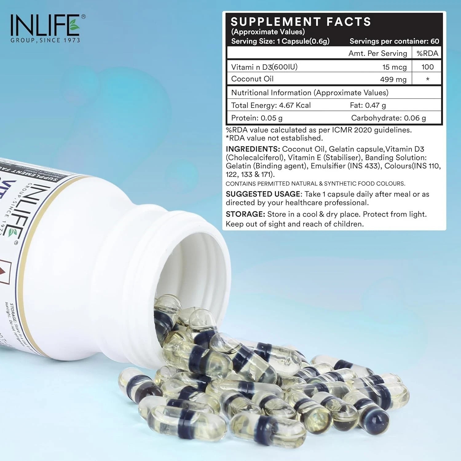 INLIFE Vitamin D3 600 IU Cholecalciferol Supplement with Coconut Oil 60N U815