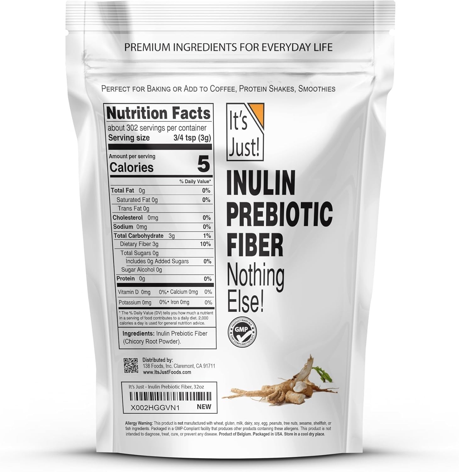 It’s Just! – Inulin Prebiotic Fiber, Water Soluble, Chicory Root Powder, Promote