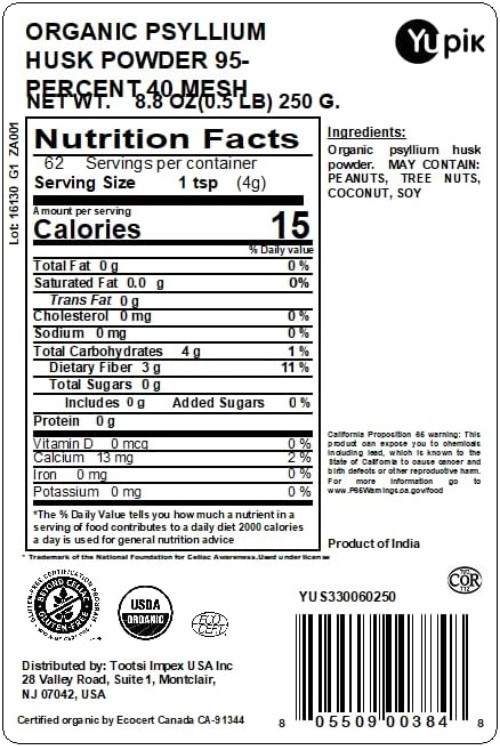 Organic Psyllium Husk Powder 8.8oz, 95% Purity, Soluble Fiber, USDA Certified…